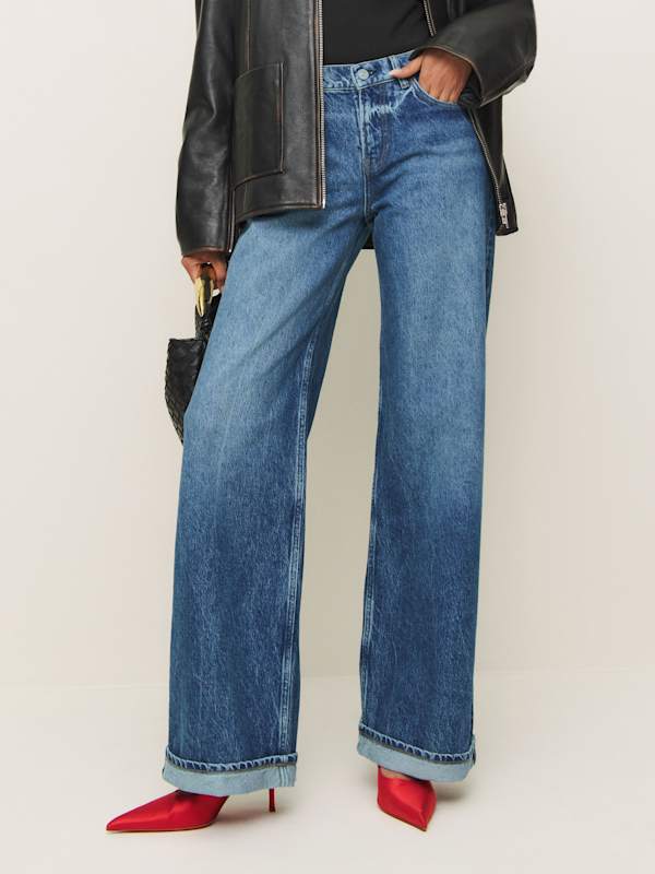 Cary Low Rise Slouchy Wide Leg Jeans - Pelican Cuffed